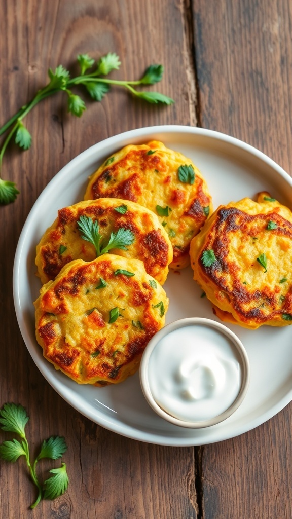 Crispy vegetable fritters on a plate with yogurt dip and fresh herbs, on a rustic table.